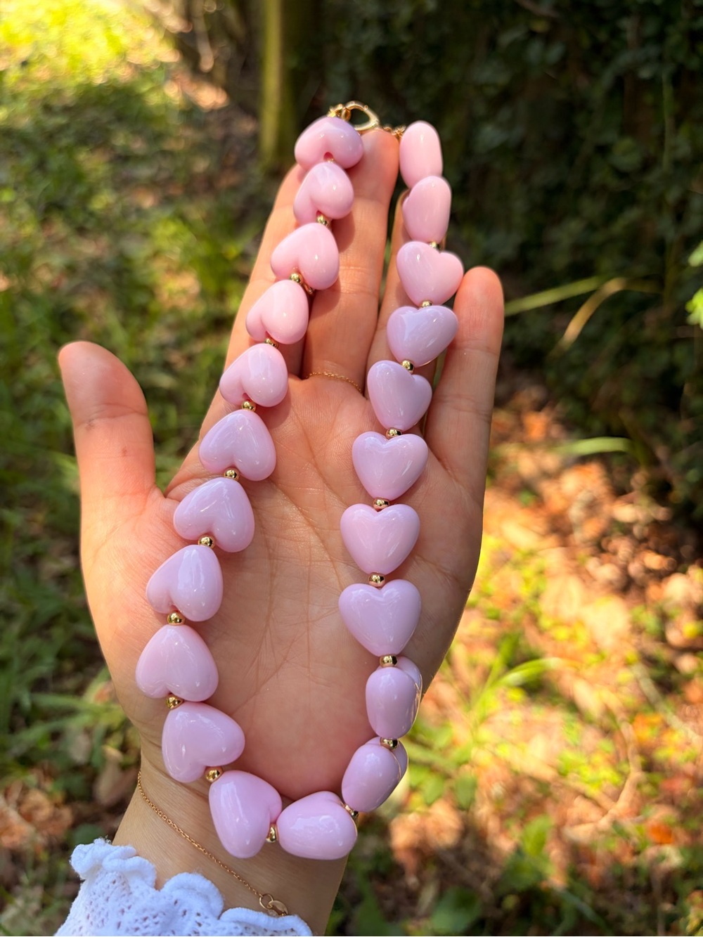Delicate Pink Heart Bead Necklace with Gold Accents - Picture 5 of 5